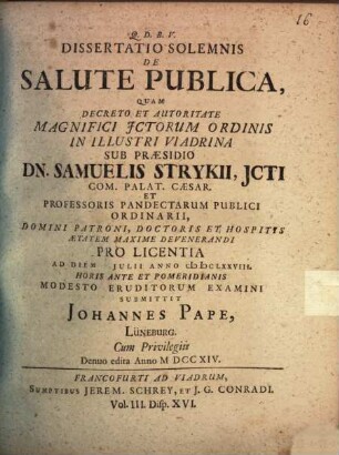 Diss. solenn. de salute publica