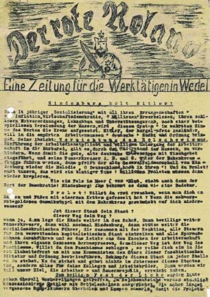 "Der Rote Roland". Eine Zeitung für die Werktätigen Wedels. Hindenburg holt Hitler