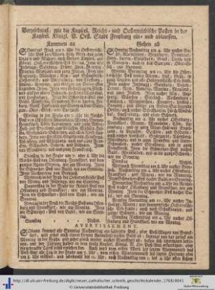 Verzeichnuß, wie die Kayerl. Reichs- und Oesterreichische Posten in der Kayserl. König. V. Oest. Stadt Freyburg ein- und ablauffen.