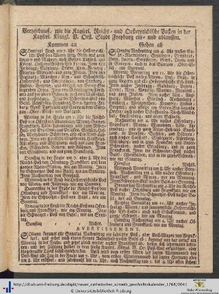 Verzeichnuß, wie die Kayerl. Reichs- und Oesterreichische Posten in der Kayserl. König. V. Oest. Stadt Freyburg ein- und ablauffen.