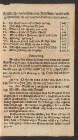 Register über dieses Siebenden Theils Lieder ...