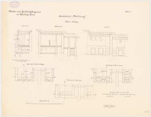 Gerichtsgefängnis, Lauenburg: Abort: Grundriss Fundamente, Tonnenraum, Erdgeschoss, Aufriss, Längsschnitt, Querschnitt 1:50