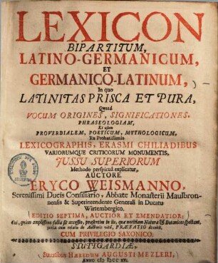 Lexicon bipartitum, Latino-Germanicum, et Germanico-Latinum