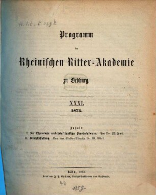 Programm der Rheinischen Ritter-Academie zu Bedburg. 31. 1873