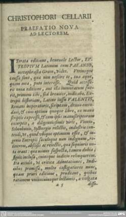Christophori Cellarii Praefatio Nova Ad Lectorem