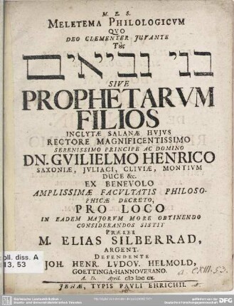 Meletema Philologicum ... Sive Prophetarum Filios