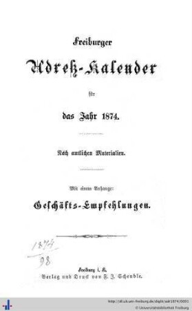 Freiburger Adreß-Kalender : für das Jahr 1874