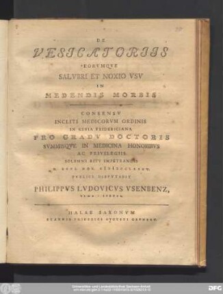De Vesicatoriis Eorvmqve Salvbri Et Noxio Vsv In Medendis Morbis