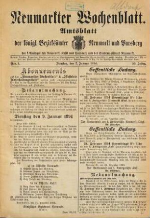 Neumarkter Wochenblatt : nationale Tageszeitung für die südwestliche Oberpfalz ; ältestes Heimatblatt ; Neumarkter Volkszeitung. 1894 = Jg. 59