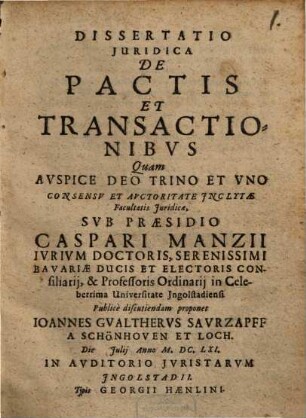 Dissertatio Iuridica De Pactis Et Transactionibus