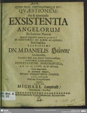 Quaestionem: An & quomodo exsistentia angelorum ex lumine naturae ...