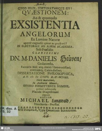 Quaestionem: An & quomodo exsistentia angelorum ex lumine naturae ...