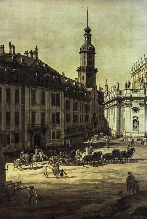 Dresden vom linken Elbufer oberhalb des Altstädter Brückenkopfes : Dresden, Elbufer, sechsspännige Kutsche, Bellotto-Gemälde