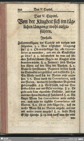 Das V. Capitel. Von der Klugheit sich im täglichen Umgange wohl aufzuführen
