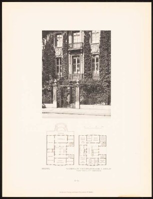 Wohnhaus Dr. Eduard Simon, Berlin: Teilansicht der Fassade und Grundrisse (aus: Alfred Messel, 1912)