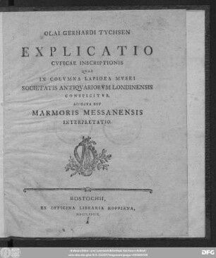 Olai Gerhardi Tychsen Explicatio Cuficae Inscriptionis Quae In Columna Lapidea Musei Societatis Antiquariorum Londinensis Conspicitur. Adiecta Est Marmoris Messanensis Interpretatio