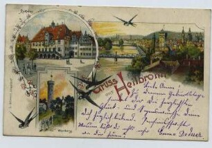 Mehrbildkarte, 3 Motive: Gesamtansicht mit Neckar, Wartberg , Rathaus