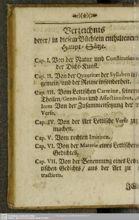 Verzeichnis derer, in diesem Büchlein enthaltenen Haupt-Sätze