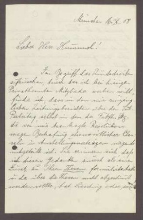 Schreiben von Ludwig Quidde, München, an Hermann Hummel: Beschwerde darüber, dass eine politische Passage in den Thesen von Hummel fehlt, 1 Schreiben