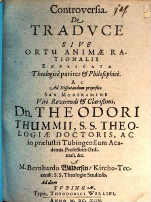Controversia De Traduce Sive Ortu Animae Rationalis