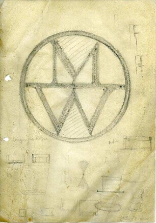 Schneider - Esleben, Paul; Düsseldorf, Berger Allee 25; Mannesmann-Hochhaus, Konzernzentrale der Mannesmann AG, Erweiterung - Entwurf mit Logo MW für Aschenbecher (?)