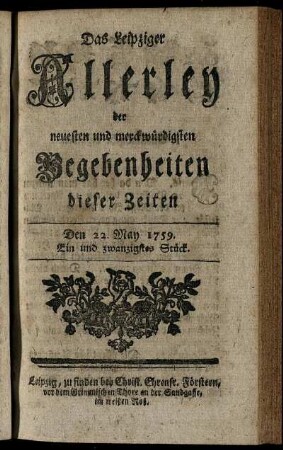 Den 22. May 1759. Ein und zwanzigstes Stück.