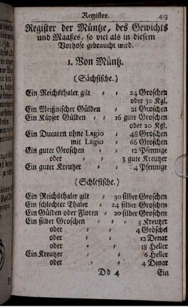 Register der Müntze, des Gewichts und Maaßes.
