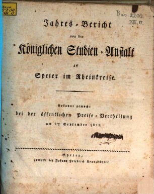 Jahresbericht über die Kgl. Studienanstalt in Speier : für das Studienjahr ..., 1819