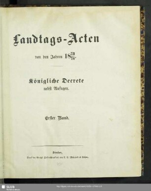 1873/74,1: Landtags-Akten / Königliche Dekrete