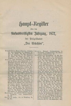 Haupt-Register über den fünfunddreißigsten Jahrgang, 1872, des Polizeiblattes "Der Wächter"