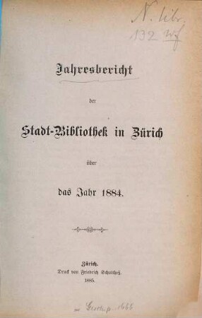 Jahresbericht der Stadtbibliothek Zürich : über d. Jahr .... 1884