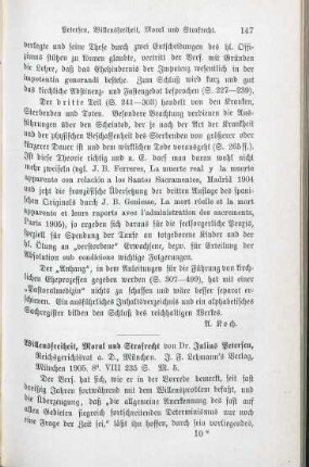 147-149 [Rezension] Petersen, Julius, Willensfreiheit, Moral und Strafrecht
