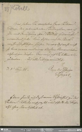 Eigenh. Brief von August Wilhelm von Schlegel an Johann Wilhelm Loebell, Bonn, 08.08.1835