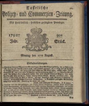 35tes Stueck, Montag den 27ten August. 1792
