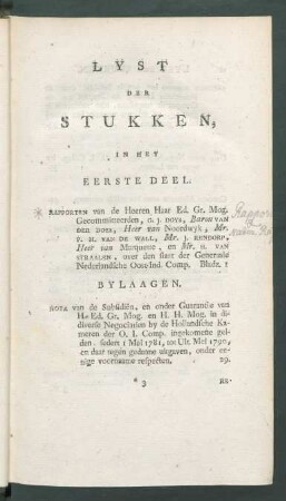 Lyst der Stukken, in het eerste deel