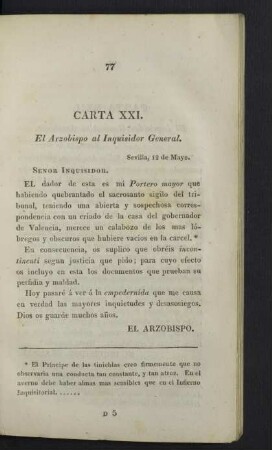 Carta XXI. El Arzobispo al Inquisidor General.