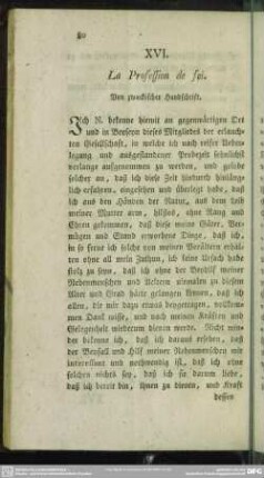 XVI. La Profession de foi. Von zwackischer Handschrift