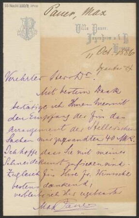 Brief an Ludwig Strecker  an B. Schott's Söhne : 11.10.1886