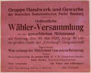 Handzettel der Deutschen Demokratischen Partei Hamburg mit Einladung an den Mittelstand zur öffentlichen Wählerversammlung mit Reden