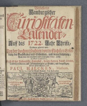 1722: Verbesserter hamburgischer Curiositäten-Calender
