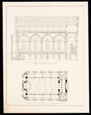 Evangelische Johanneskirche, Zittau: Längsschnitt, Grundriss (aus: Sammlung Architektonischer Entwürfe, Berlin 1858)