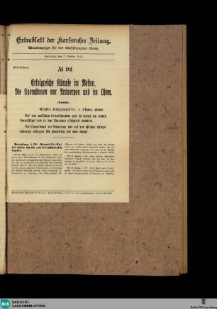 Karlsruher Zeitung, Extrablatt No. 92, Erfolgreiche Kämpfe im Westen. Die Operationen vor Antwerpen und im Osten