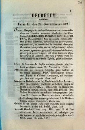 Decreta Sacrae Congregationis Indicis librorum prohibitorum, 1,29. 1847, 29. Nov.