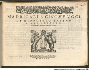MADRIGALI A CINQVE VOCI DI HIPPOLITO SABINO LIBRO SECONDO