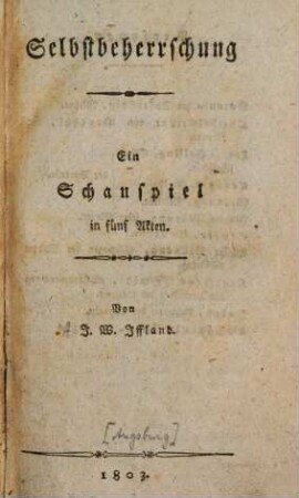 Selbstbeherrschung : ein Schauspiel in fünf Akten