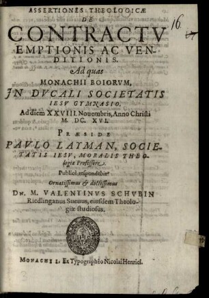 Assertiones Theologicae De Contractv Emptionis Ac Venditionis