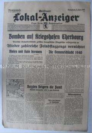 Tageszeitung "Berliner Lokal-Anzeiger" u.a. zur Bombardierung des Hafens von Cherbourg