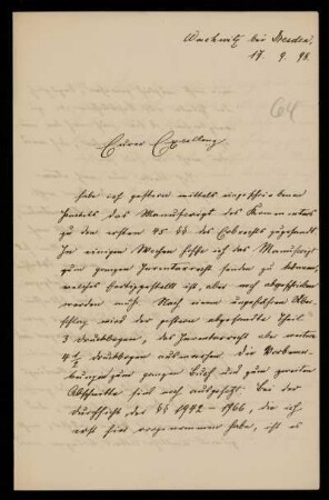 64: Brief von Friedrich Ritgen an Gottlieb Planck, Wachwitz bei Dresden, 17.9.1898