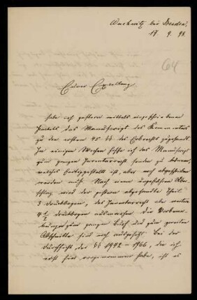 64: Brief von Friedrich Ritgen an Gottlieb Planck, Wachwitz bei Dresden, 17.9.1898