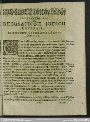 Dissertatio XIII. De Recusatione Judicii Cameralis. Respondente Carolo Bosen, Equite Misnico